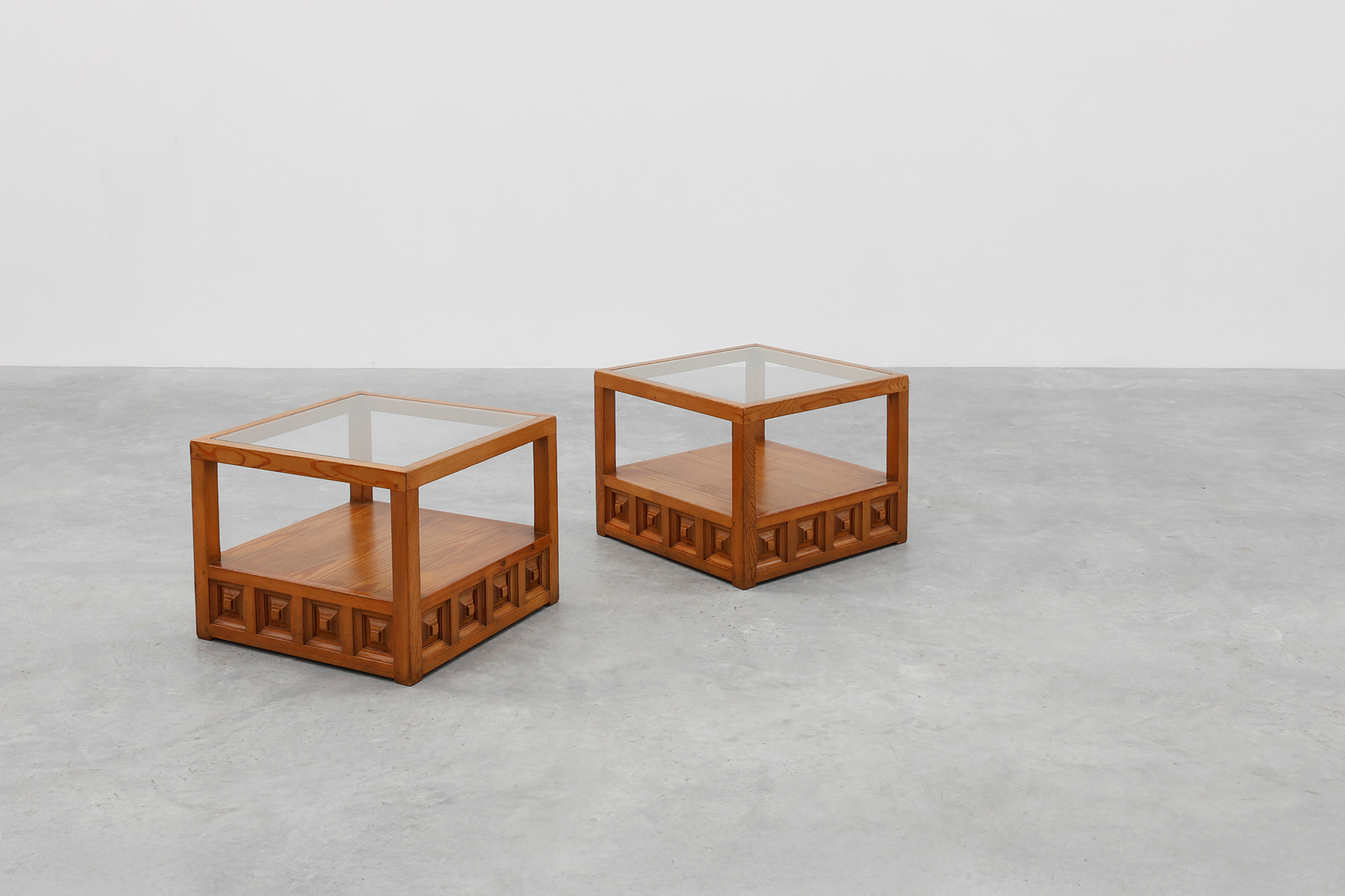 Pair geographical designed square Biosca coffee tables in pine wood, Spain 1960sthumbnail